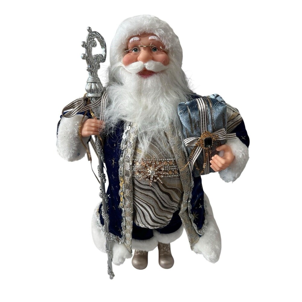 Windy Hill Collection Santa Claus Figure 16.5’’ Holding Gift And Staff Blue Gold